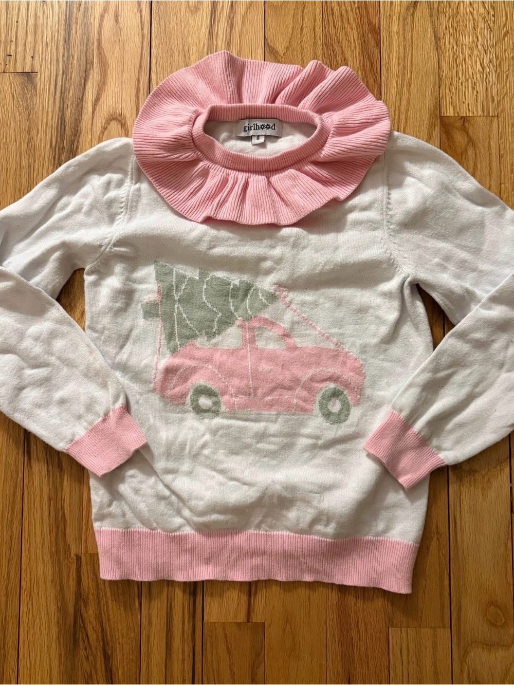 Girls Hood White & Pink Knit Sweater with Pink Ruffle Collar